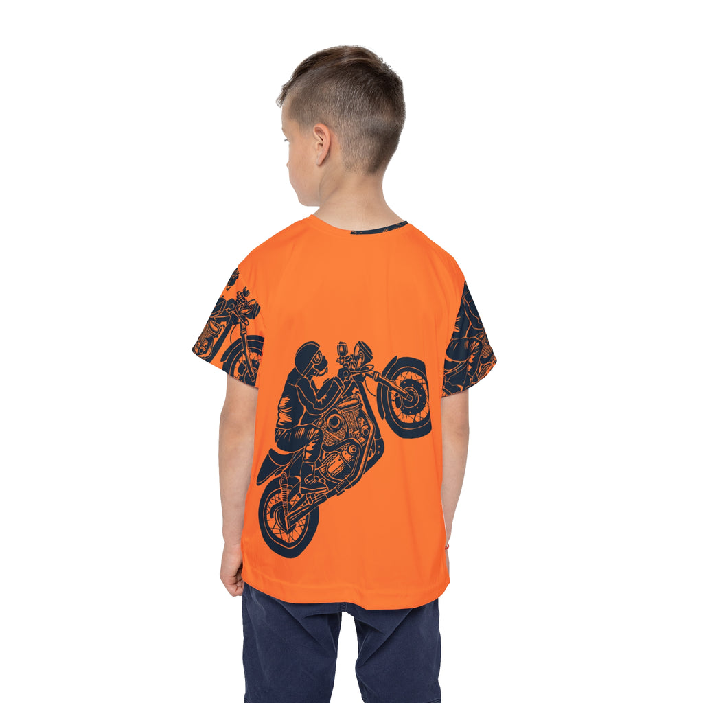 Kids Orange Motorcycle Jersey — Retro Stunt Bike All-Over Print