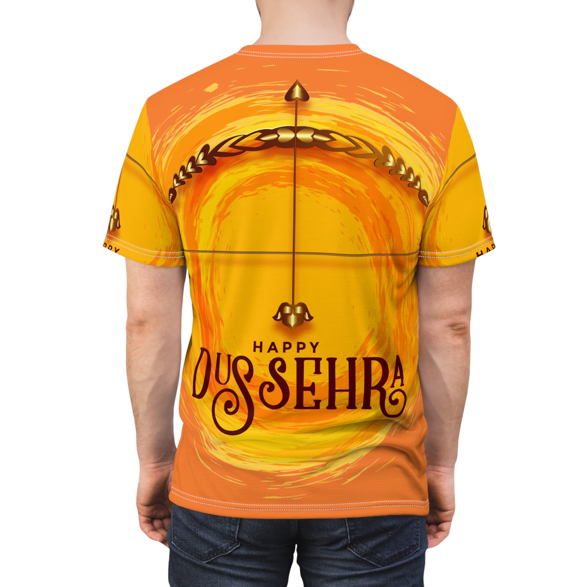Dussehra Graphic Tee - "Happy Dussehra" Festive Orange AOP T-Shirt
