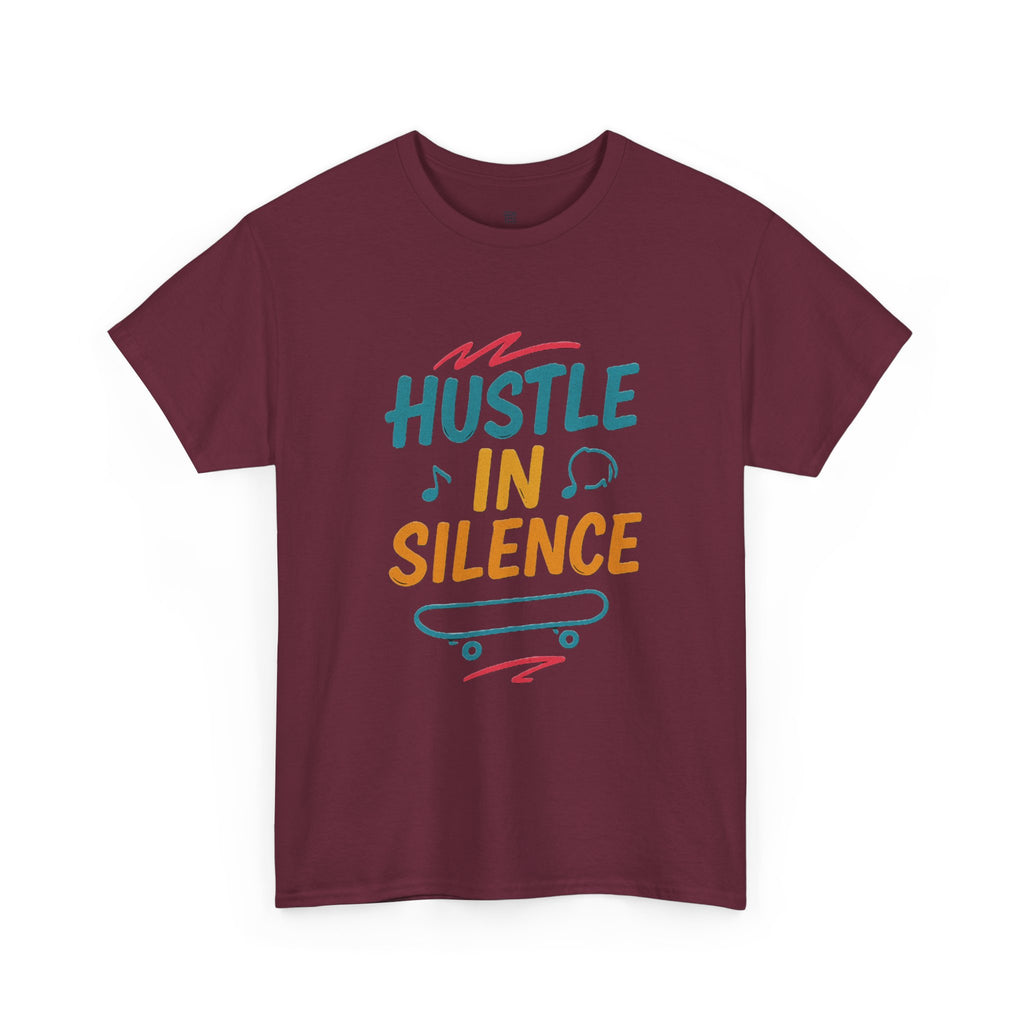 Hustle in Silence Tee - Unisex Heavy Cotton T-Shirt, Skateboarder Gift, Cool Casual Wear, Fitness Shirt, Motivational Apparel