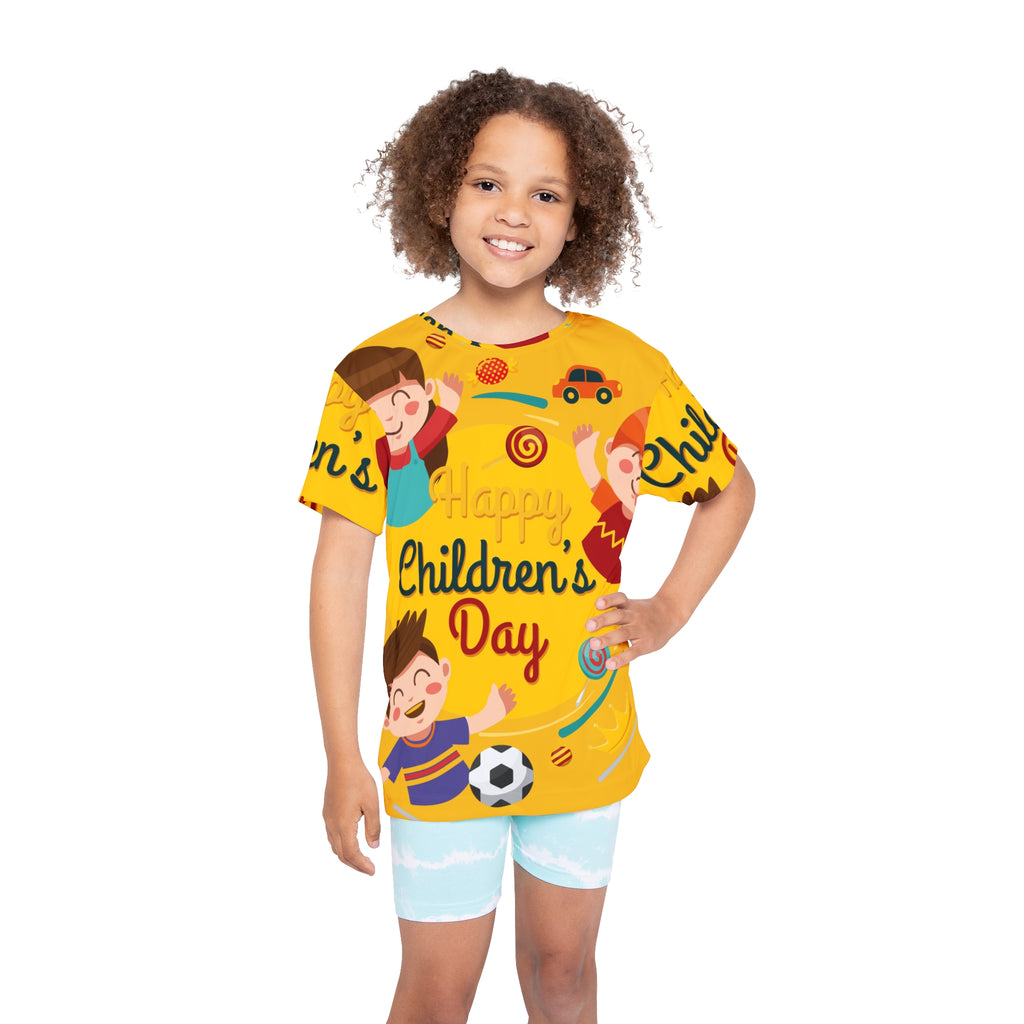 Children's Day Kids Jersey — Bright Yellow All-Over Print Sports Tee with Playful Kids Design