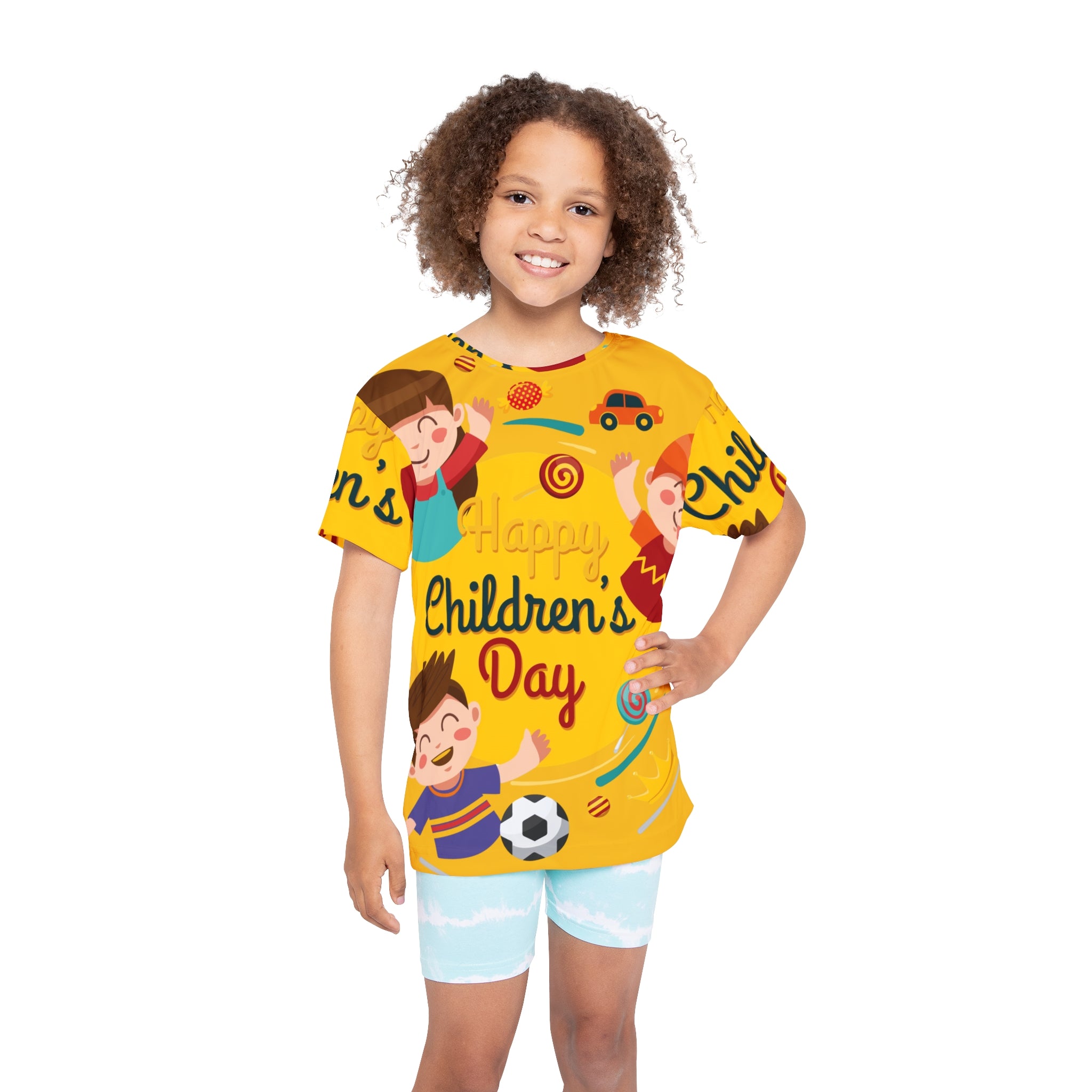 Children's Day Kids Jersey — Bright Yellow All-Over Print Sports Tee with Playful Kids Design