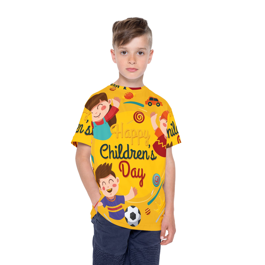 Children's Day Kids Jersey — Bright Yellow All-Over Print Sports Tee with Playful Kids Design