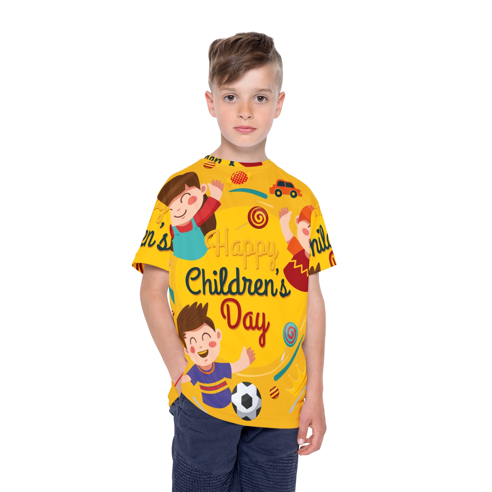 Children's Day Kids Jersey — Bright Yellow All-Over Print Sports Tee with Playful Kids Design