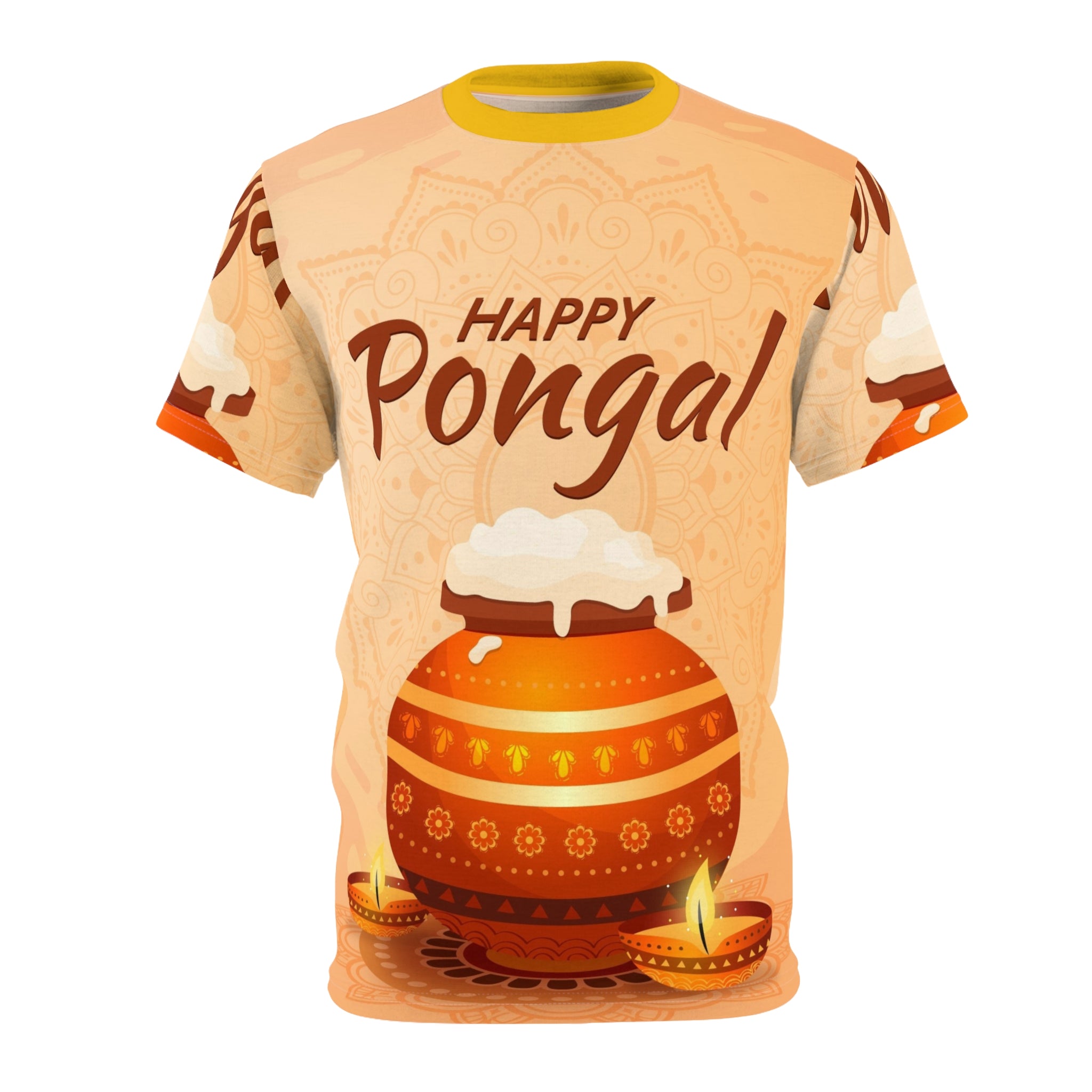 Happy Pongal Festival Tee — Illustrated Pongal Pot & Diyas All-Over Print