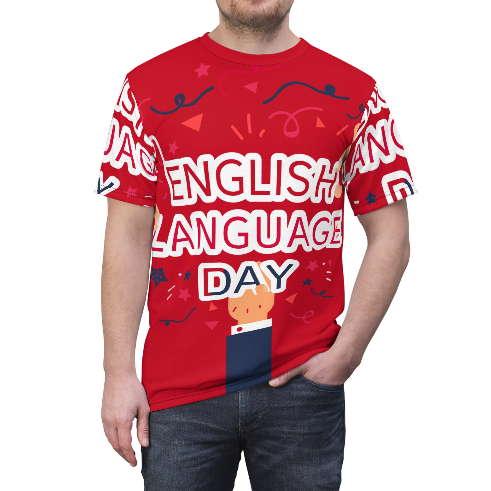 English Language Day Tee — Celebratory Red All-Over Print Shirt