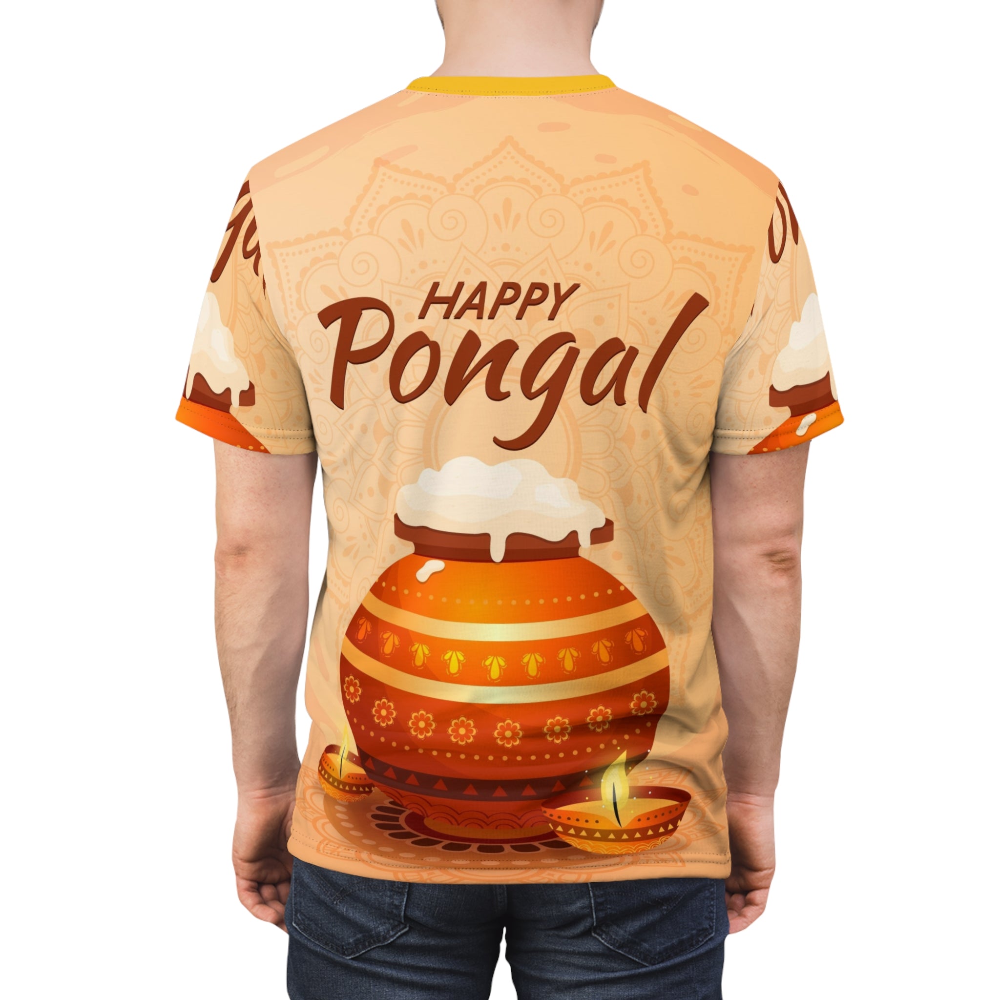Happy Pongal Festival Tee — Illustrated Pongal Pot & Diyas All-Over Print