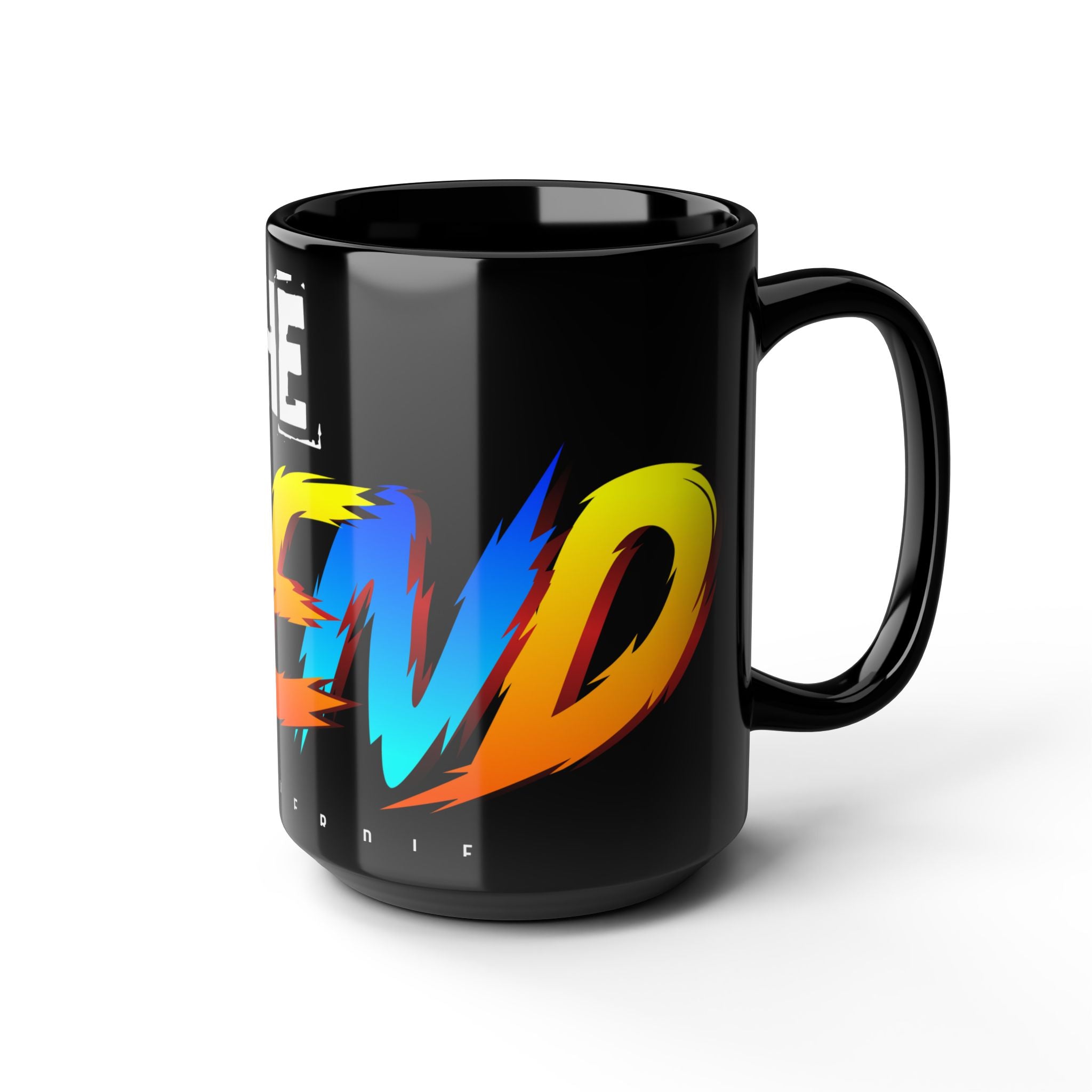 The Legend Bold Script 15oz Black Mug — Colorful Retro Brush Lettering