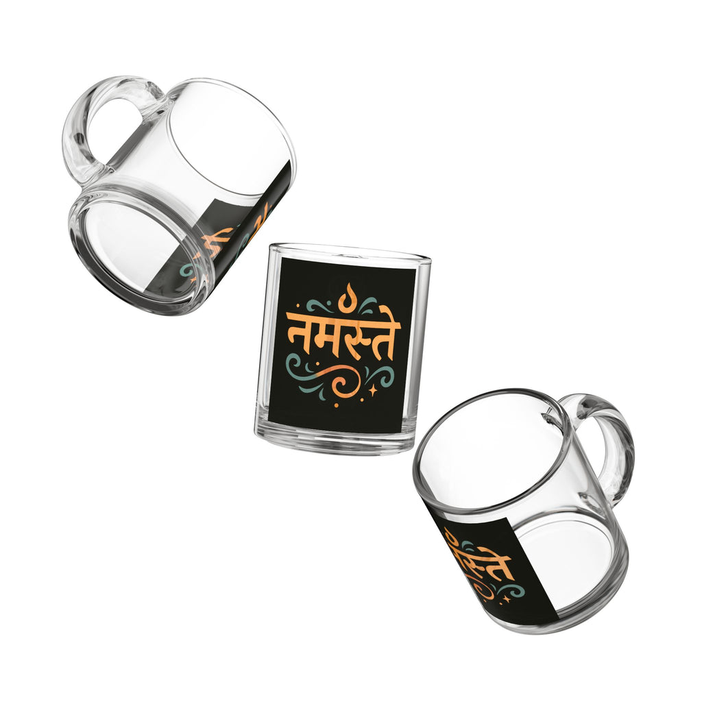 Namaste Glass Mug — 10oz Decorative Hindi Script Coffee Cup