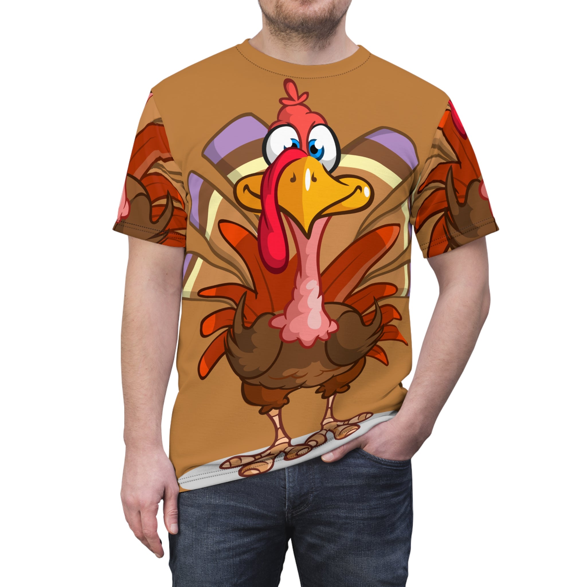 Turkey Cartoon All-Over Print Tee — Funny Thanksgiving Turkey Shirt