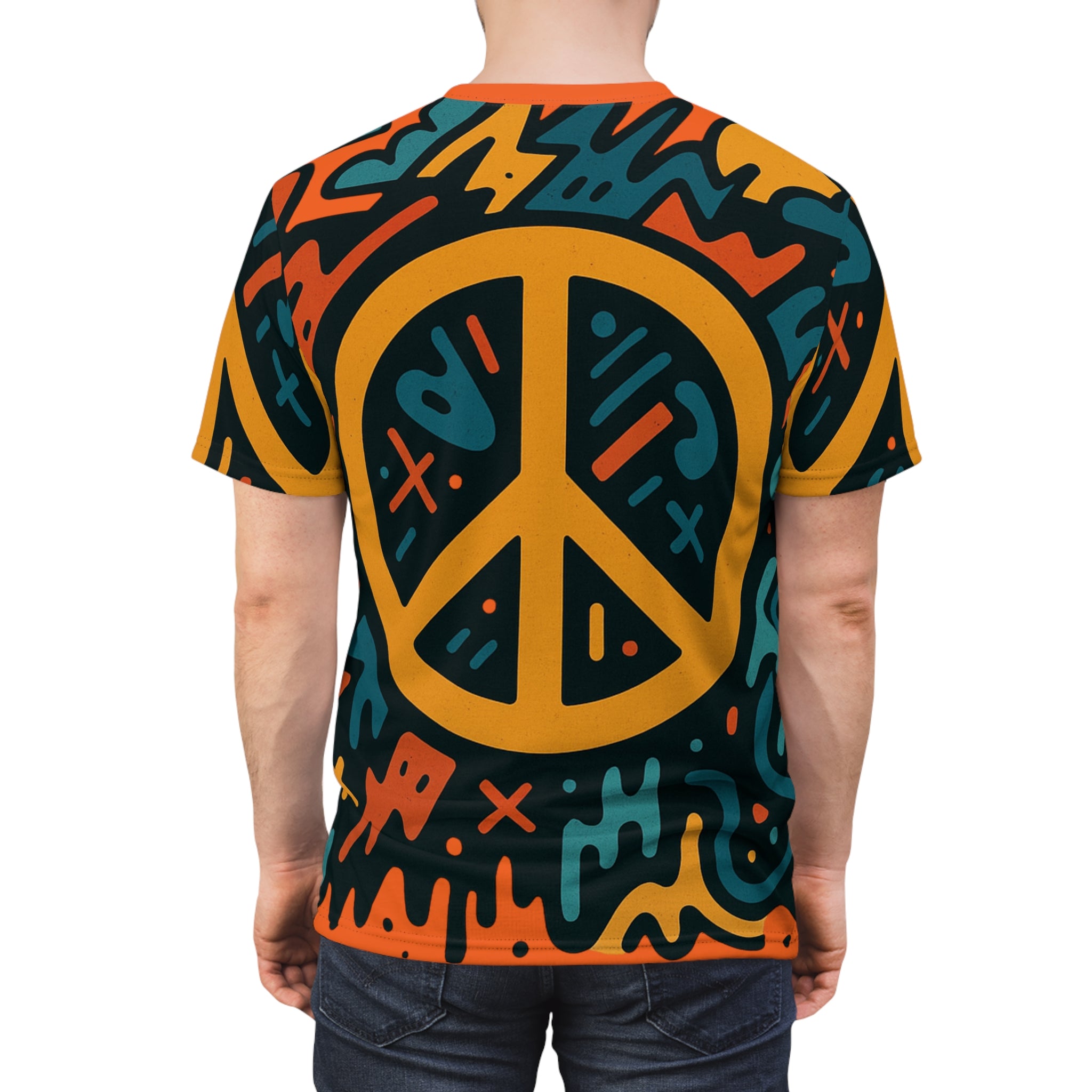 Retro Peace Sign Graphic Tee — Bold Psychedelic All-Over Print