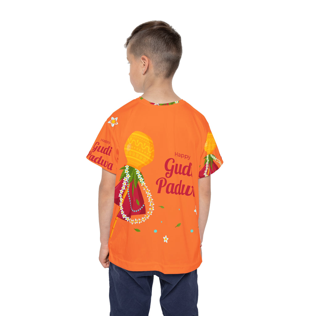 Gudi Padwa Kids Jersey — Bright Orange Festival Tee with 'Happy Gudi Padwa' Design