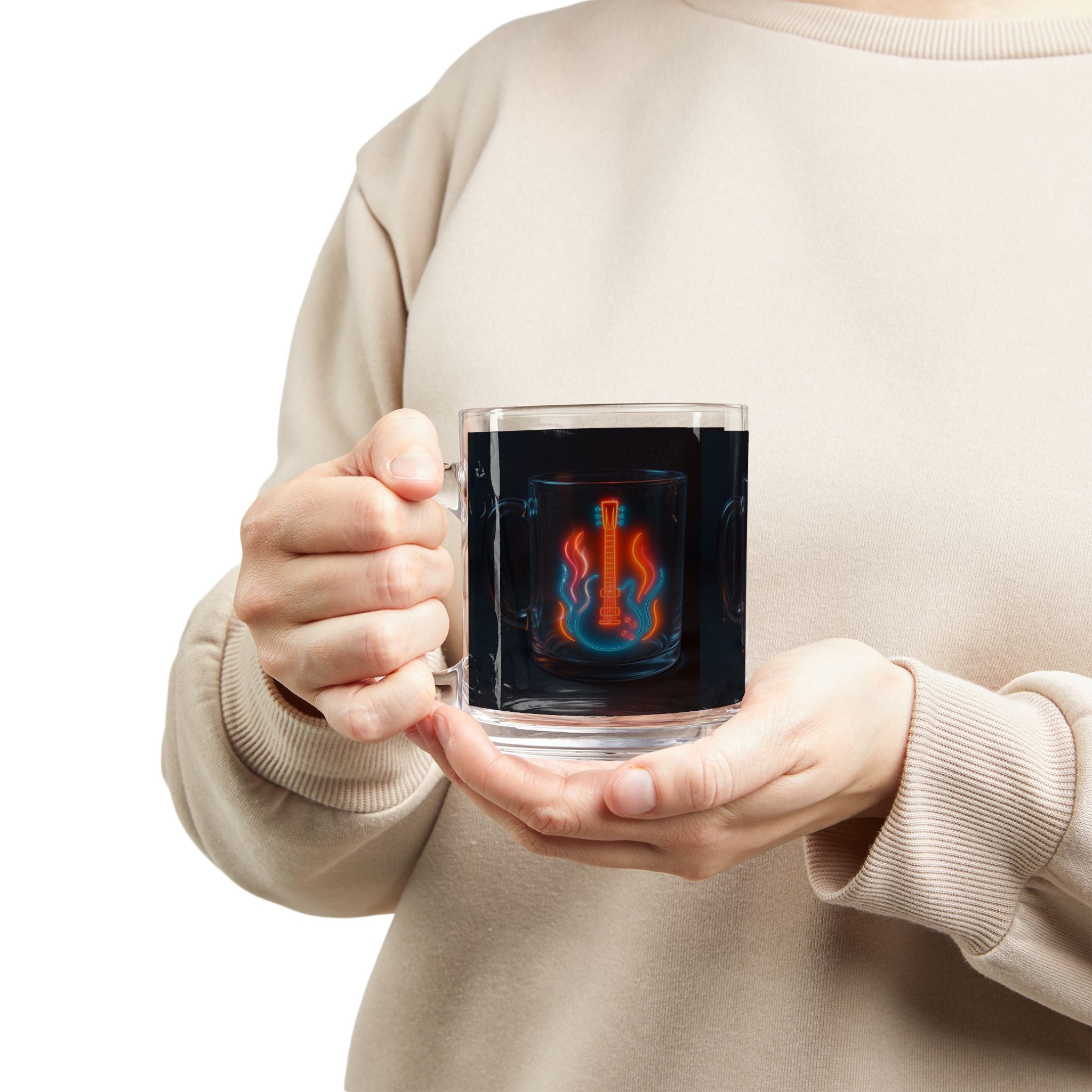 Neon Guitar Glass Mug — 10oz Rock Music Coffee Cup