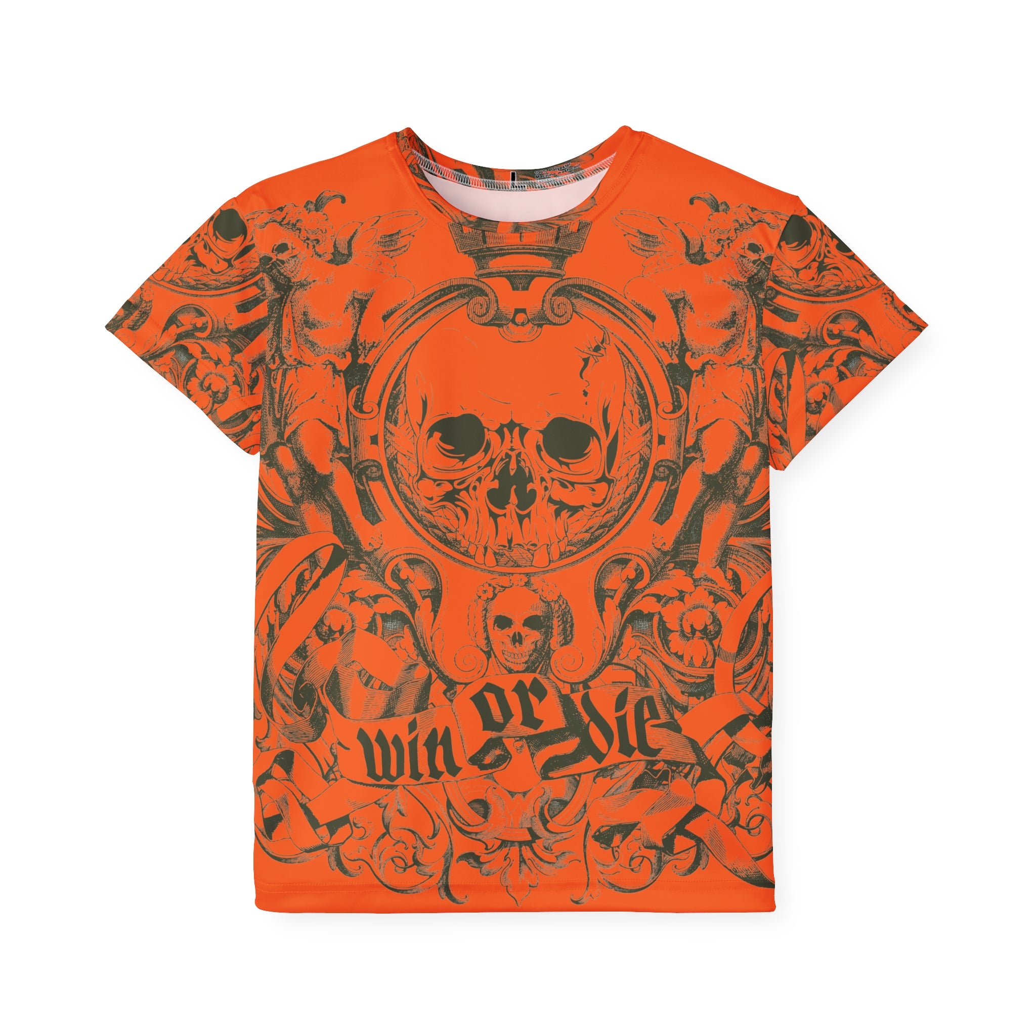 Kids Jersey — Orange “Win or Die” Skull Sports Tee