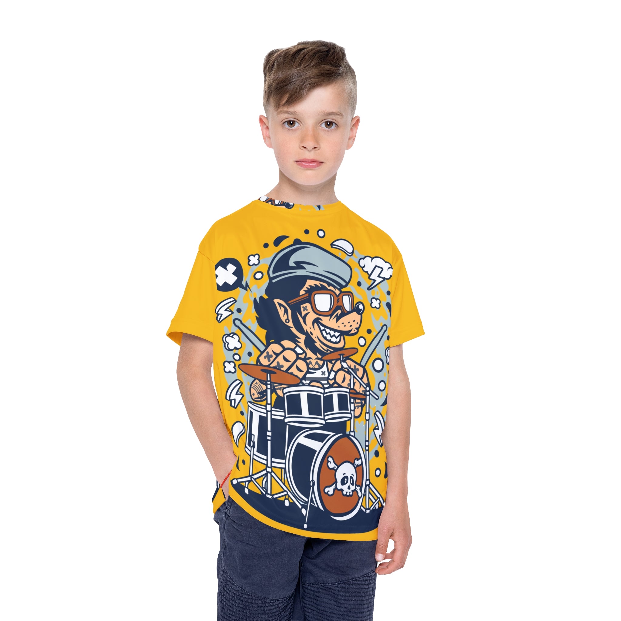 Kids Drumline Jersey — Cartoon Drummer Graphic Tee (All-Over Print)