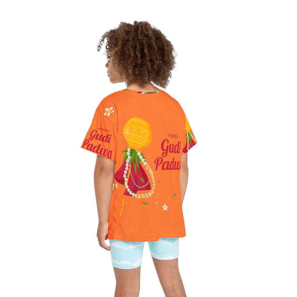Gudi Padwa Kids Jersey — Bright Orange Festival Tee with 'Happy Gudi Padwa' Design