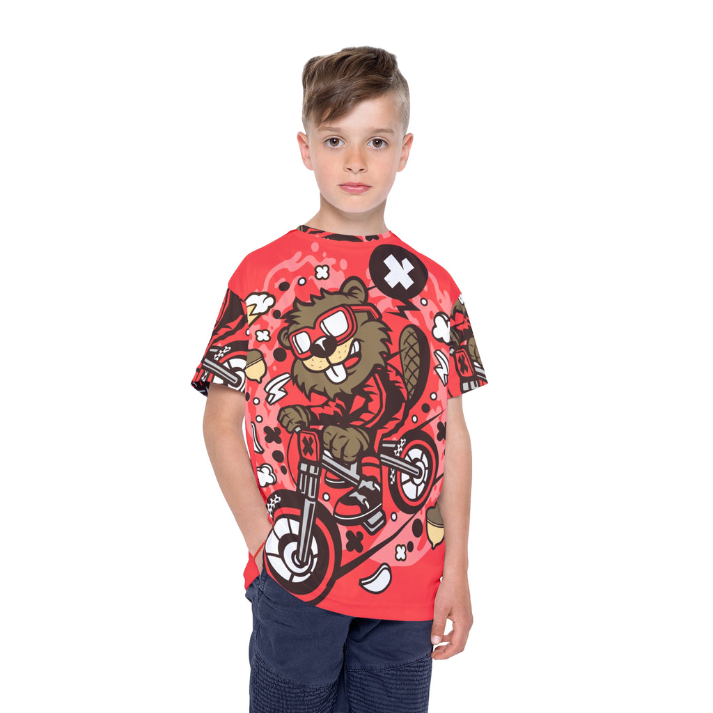 Kids Dirt Bike Jersey — Red Cartoon Beaver Motocross All-Over Print