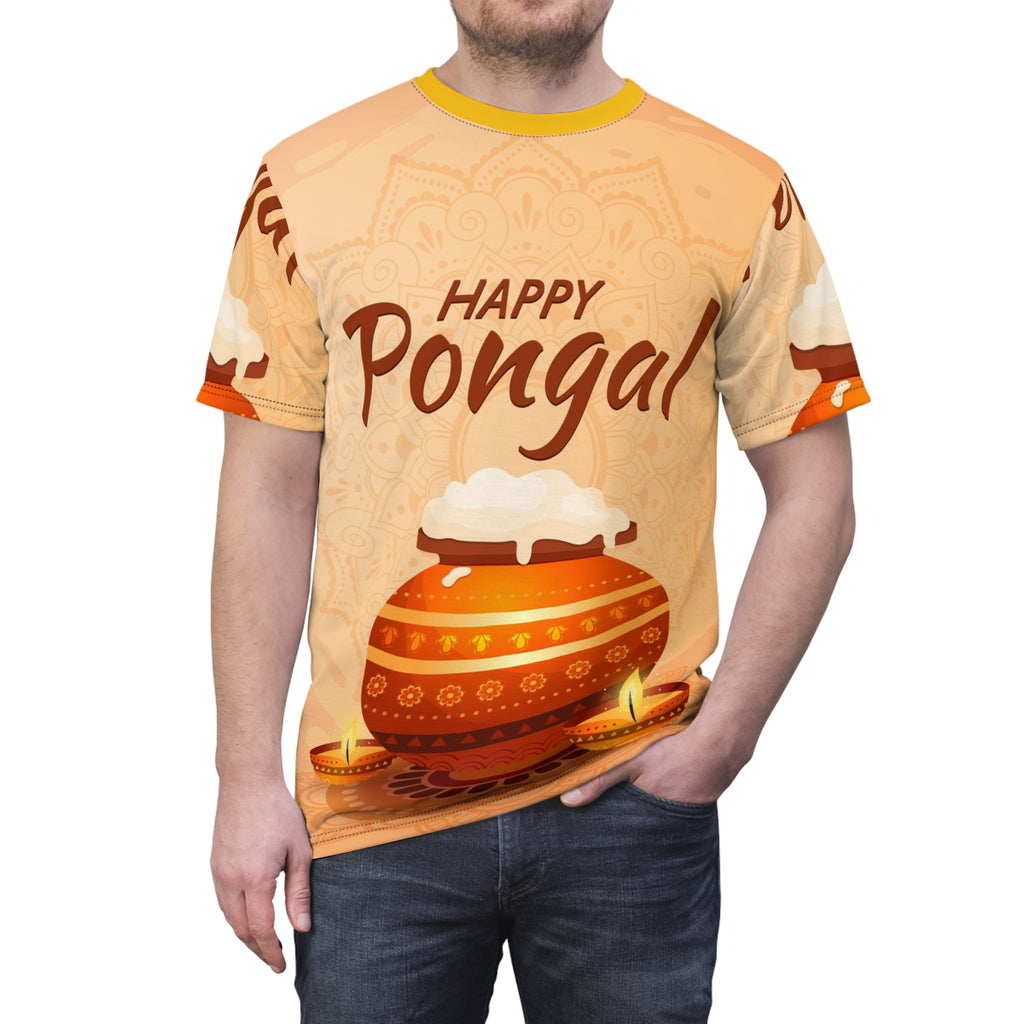 Happy Pongal Festival Tee — Illustrated Pongal Pot & Diyas All-Over Print