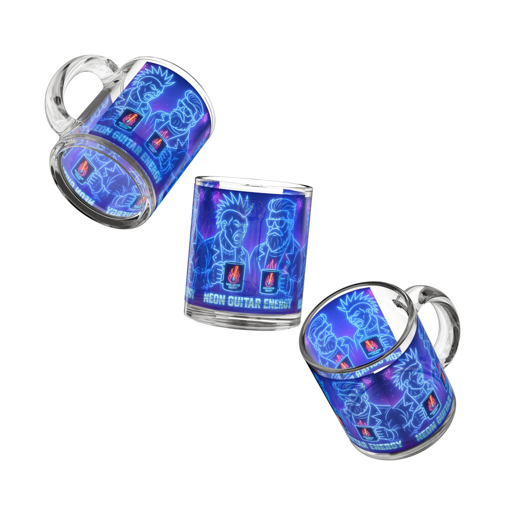 Glass Mug — Neon Guitar Energy Rocker Coffee Cup, 10oz