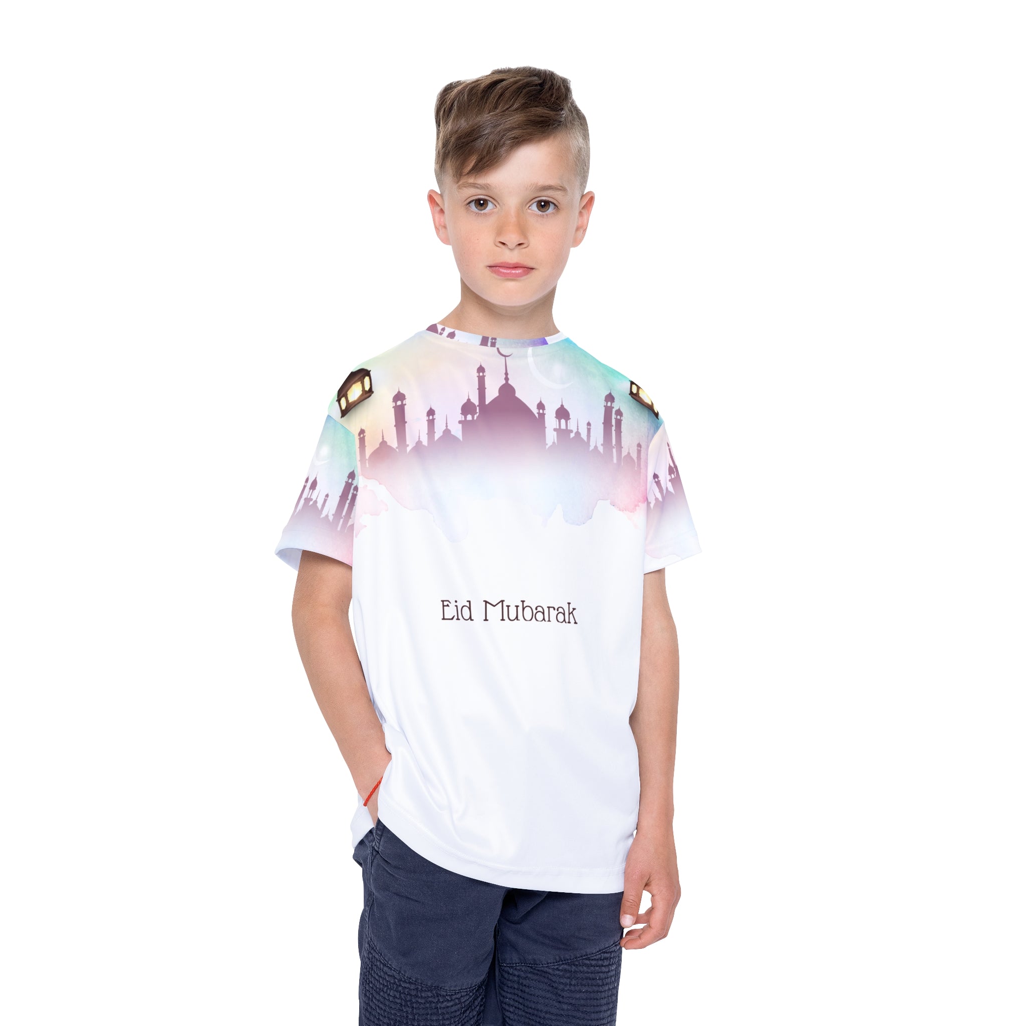 Eid Mubarak Kids Jersey — Colorful Mosque Lanterns AOP Tee
