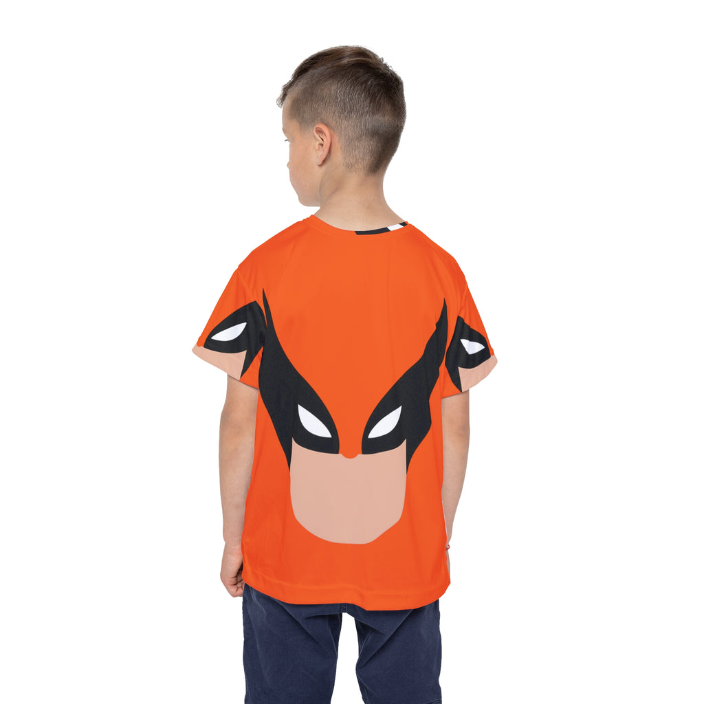 Kids Superhero Face Print Sports Jersey — Orange All-Over-Print Athletic Tee