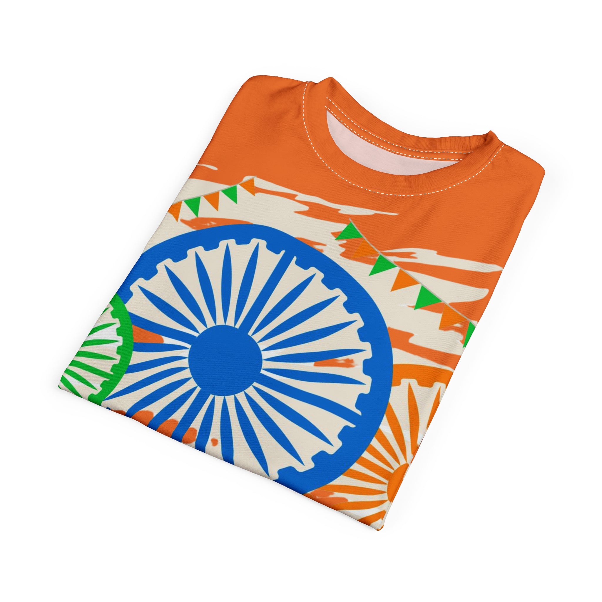 Hindi Diwas All-Over Print Tee — Tricolor Ashoka Chakra Design