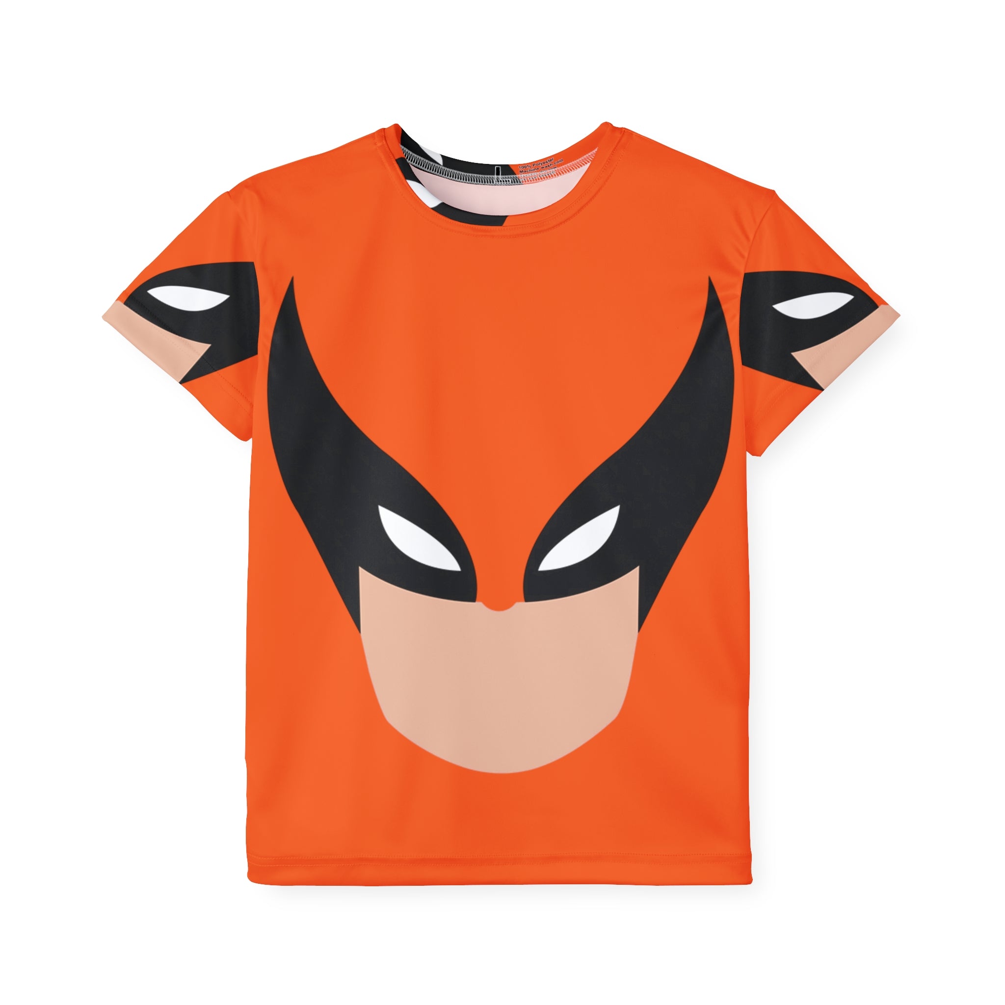 Kids Superhero Face Print Sports Jersey — Orange All-Over-Print Athletic Tee