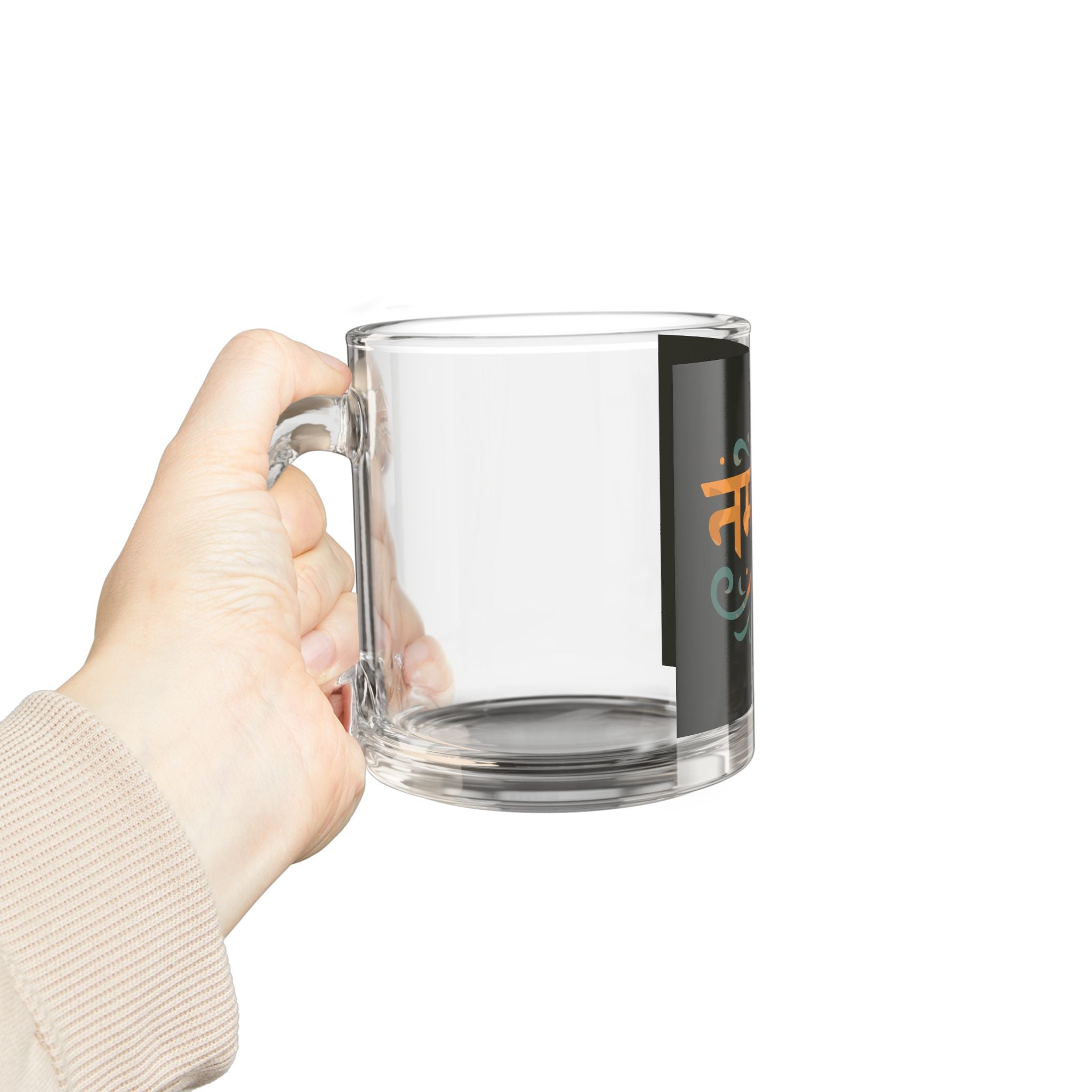 Namaste Glass Mug — 10oz Decorative Hindi Script Coffee Cup