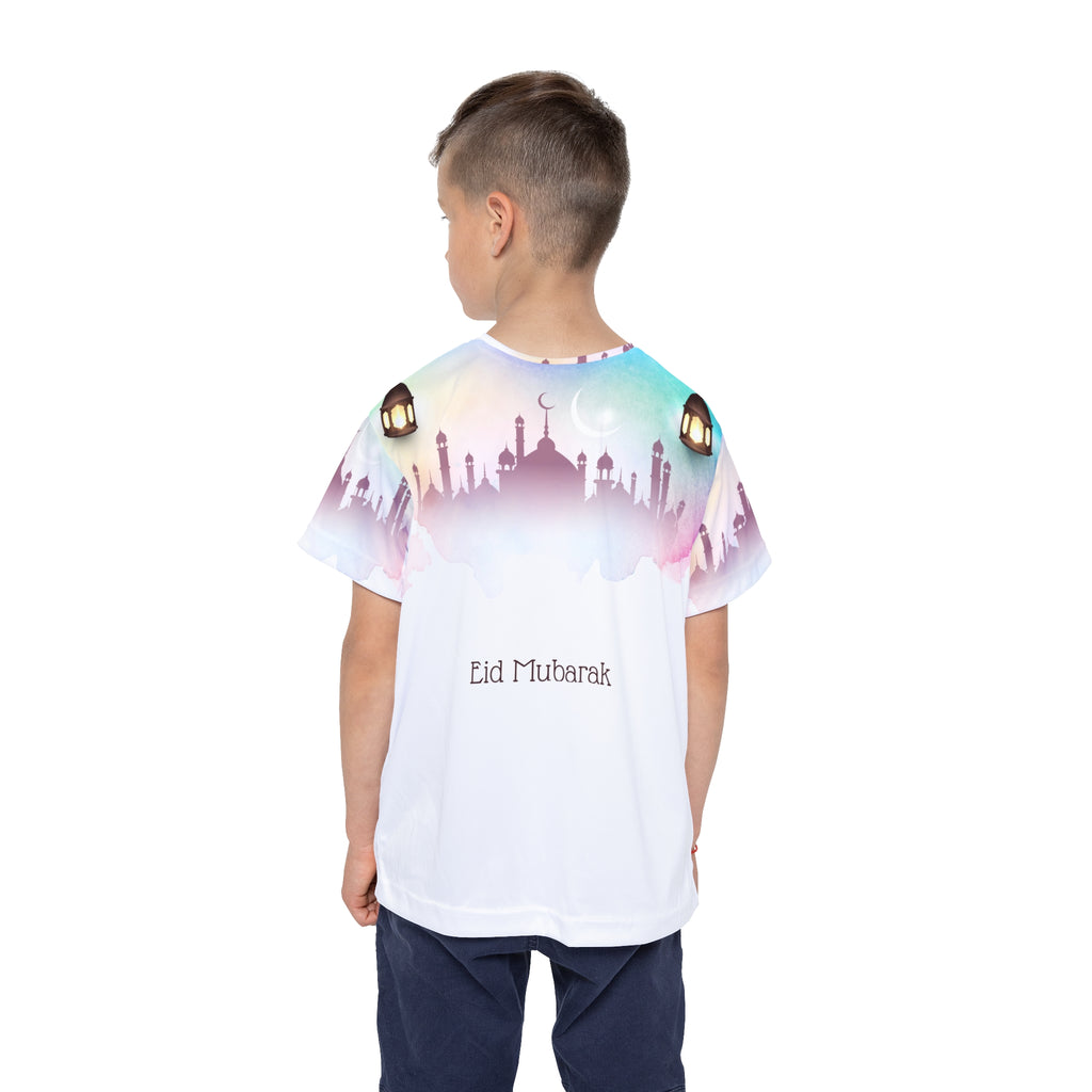 Eid Mubarak Kids Jersey — Colorful Mosque Lanterns AOP Tee