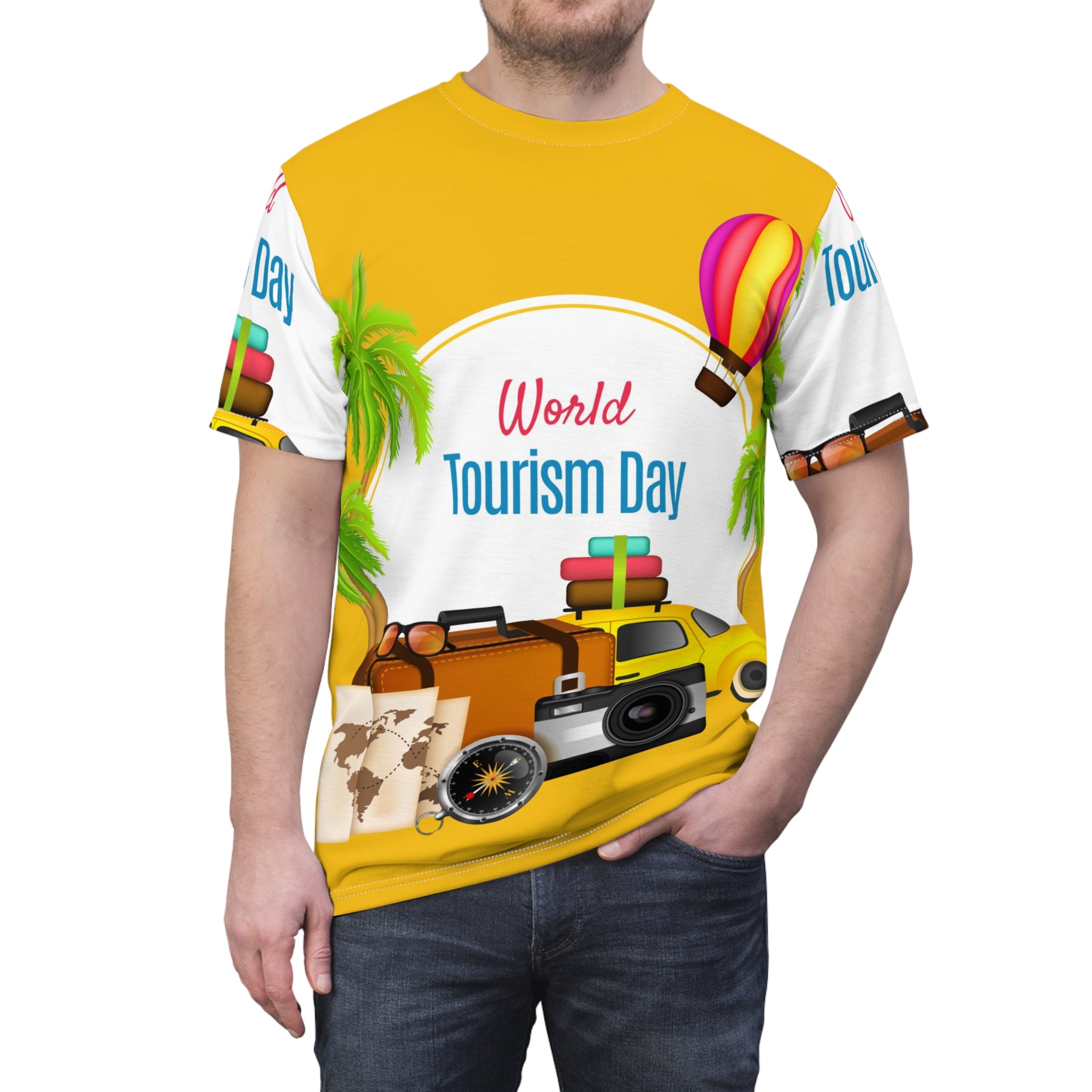 World Tourism Day Travel Tee — Camera, Luggage & Hot Air Balloon Design