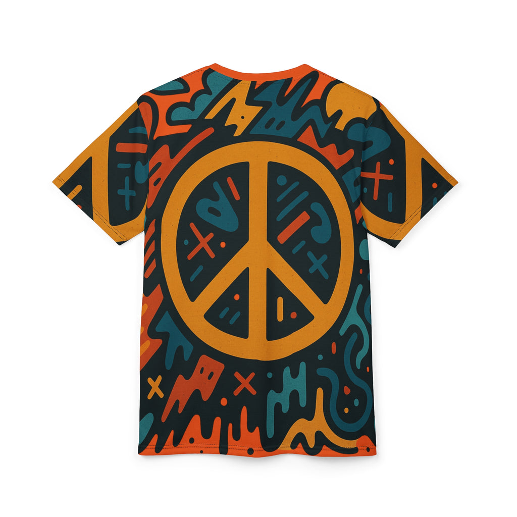 Retro Peace Sign Graphic Tee — Bold Psychedelic All-Over Print