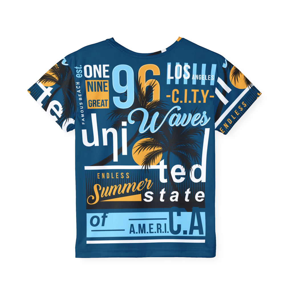 Kids Graphic Jersey Tee — 'Endless Summer' Blue Surf & Palm Print
