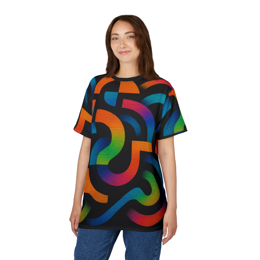 Neon Maze Graphic Tee — Vibrant Abstract All-Over Print T-Shirt