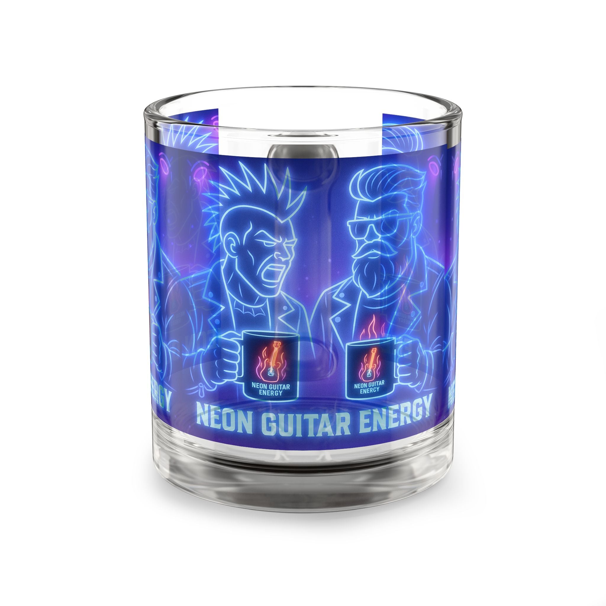Glass Mug — Neon Guitar Energy Rocker Coffee Cup, 10oz