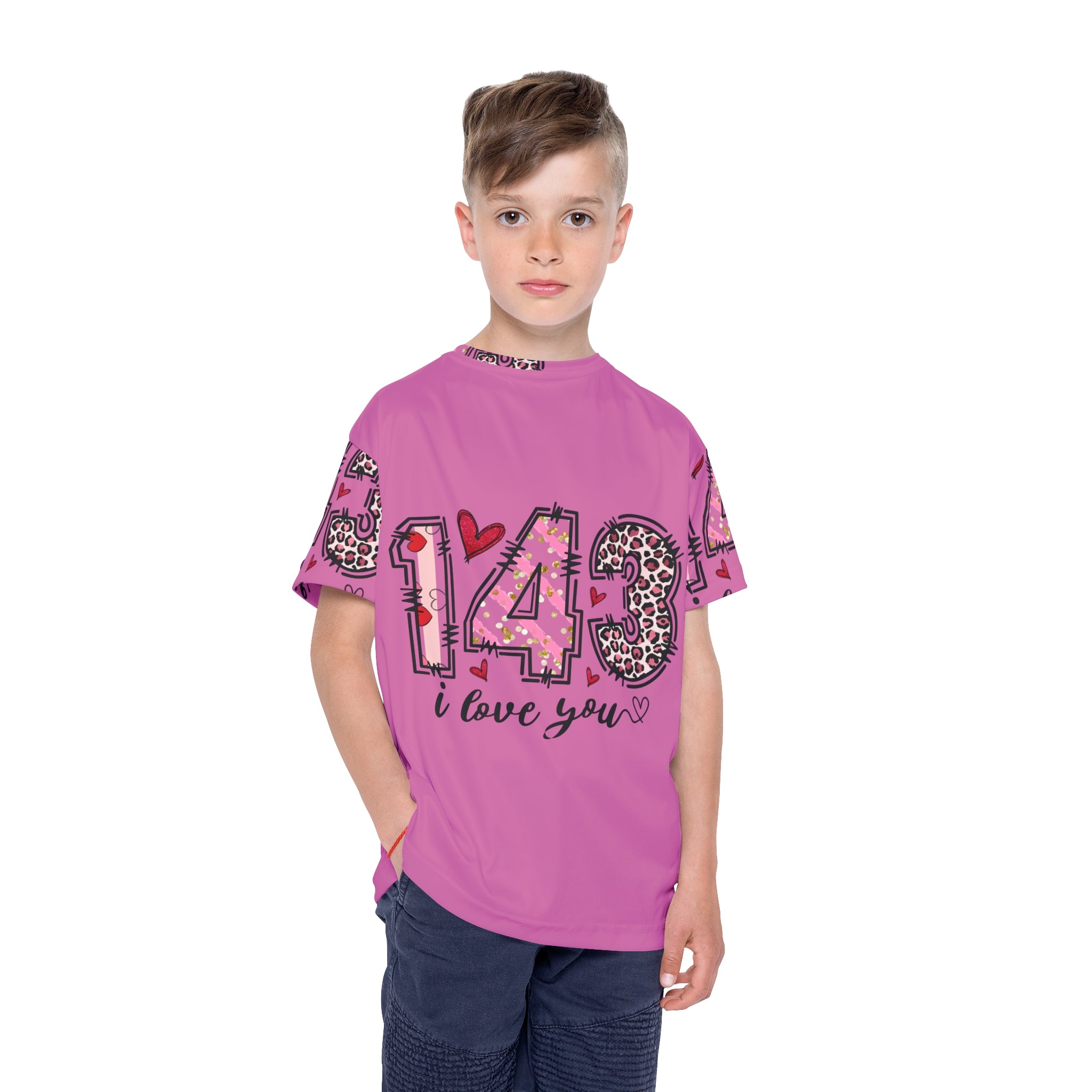 Kids Jersey – Pink "143 I Love You" All-Over Print Sports Tee