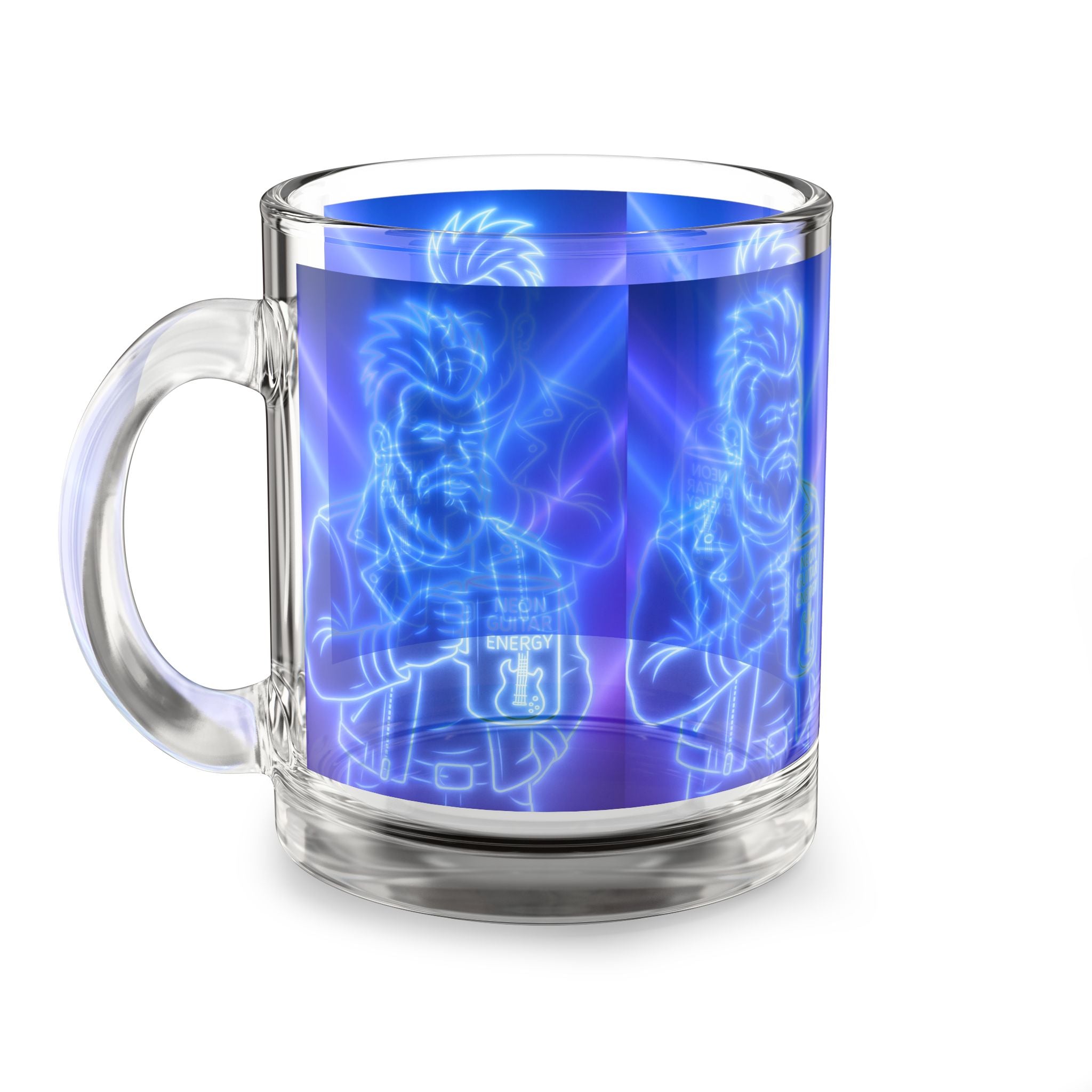 Neon Guitar Demon 10oz Glass Mug — Blue Retro Rock Coffee Cup