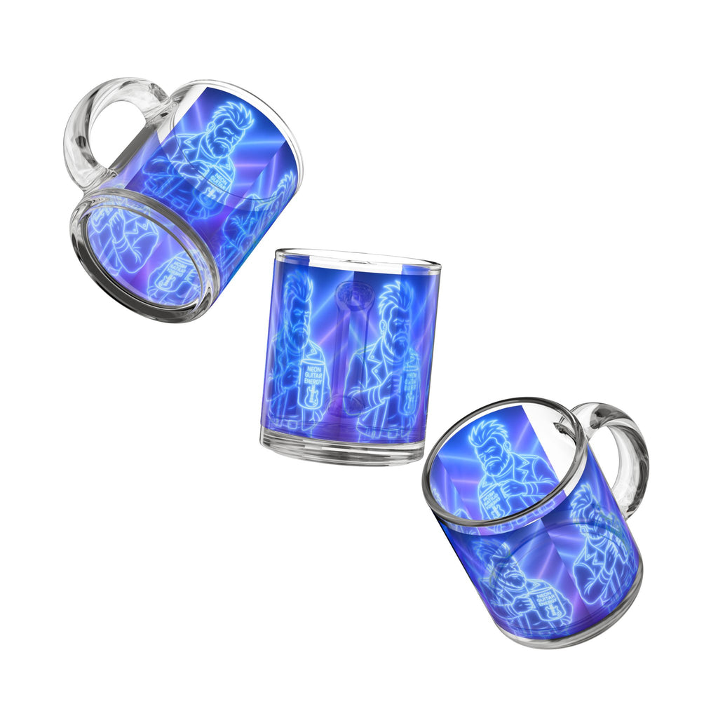 Neon Guitar Demon 10oz Glass Mug — Blue Retro Rock Coffee Cup