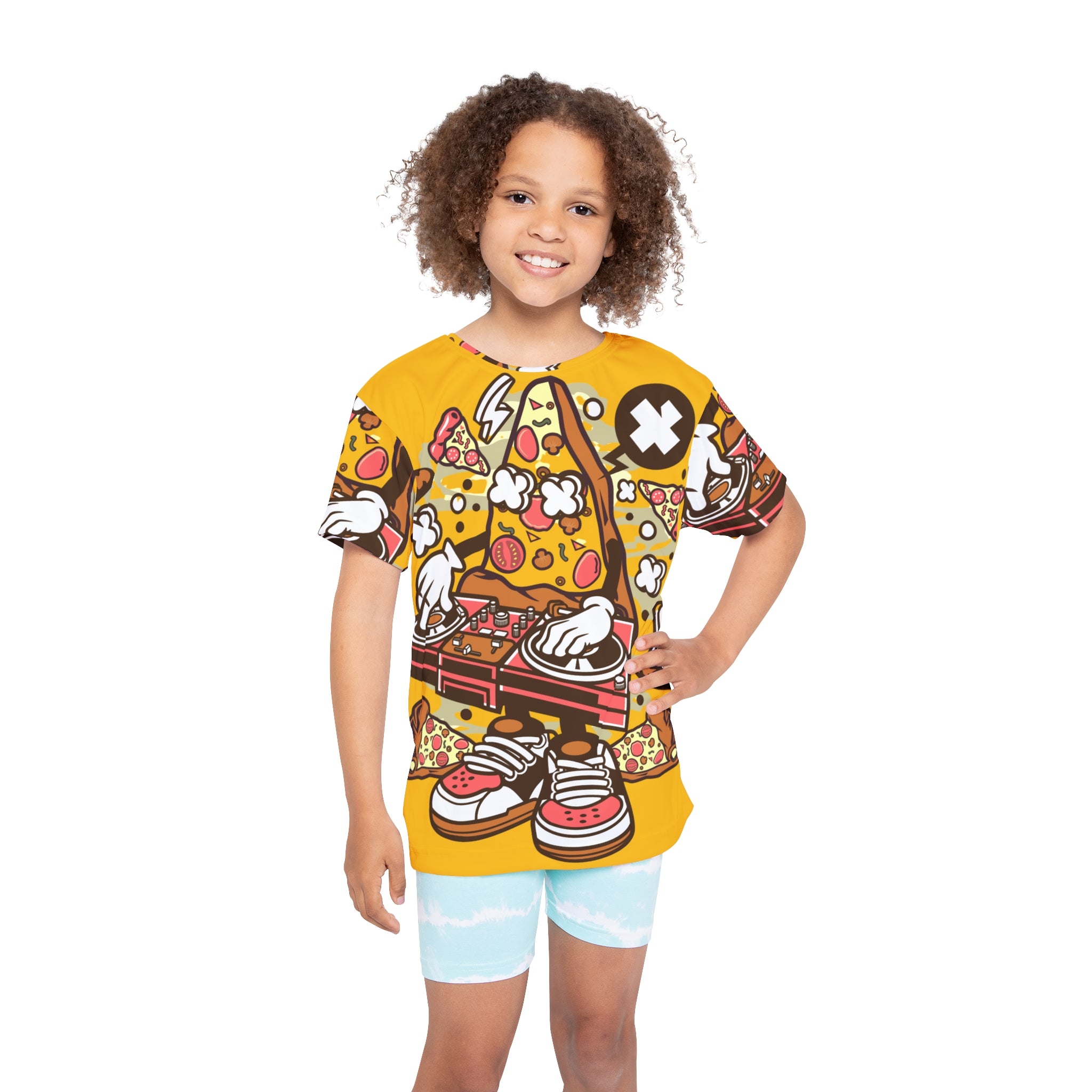 Kids Pizza DJ Tee — Colorful Cartoon All-Over Print Sports Jersey