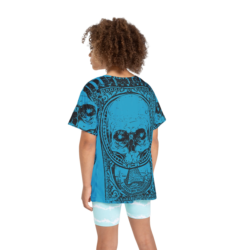 Kids Skull Graphic Jersey — Blue All-Over Print Sports Tee