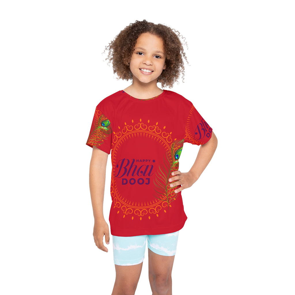 Kids Jersey - Happy Bhai Dooj Red All-Over-Print Tee with Peacock Feather Design
