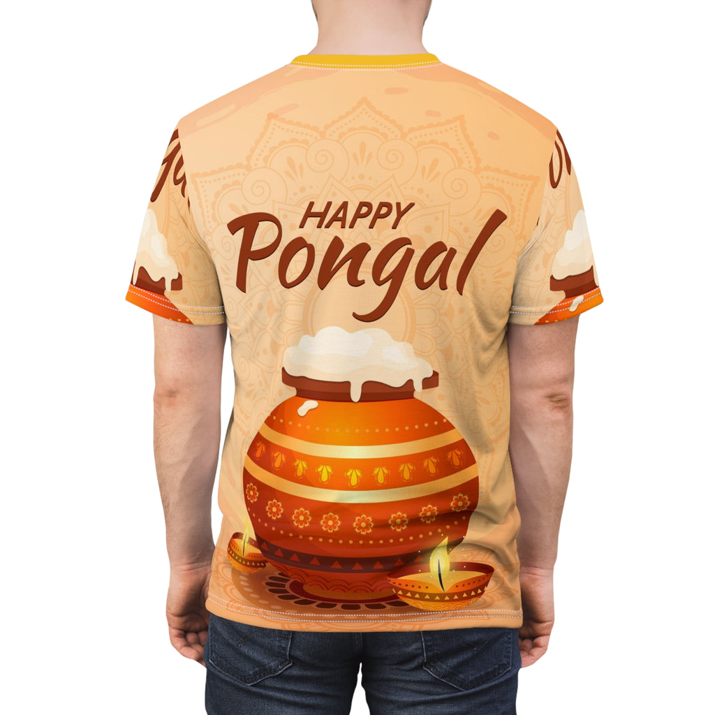 Happy Pongal Festival Tee — Illustrated Pongal Pot & Diyas All-Over Print