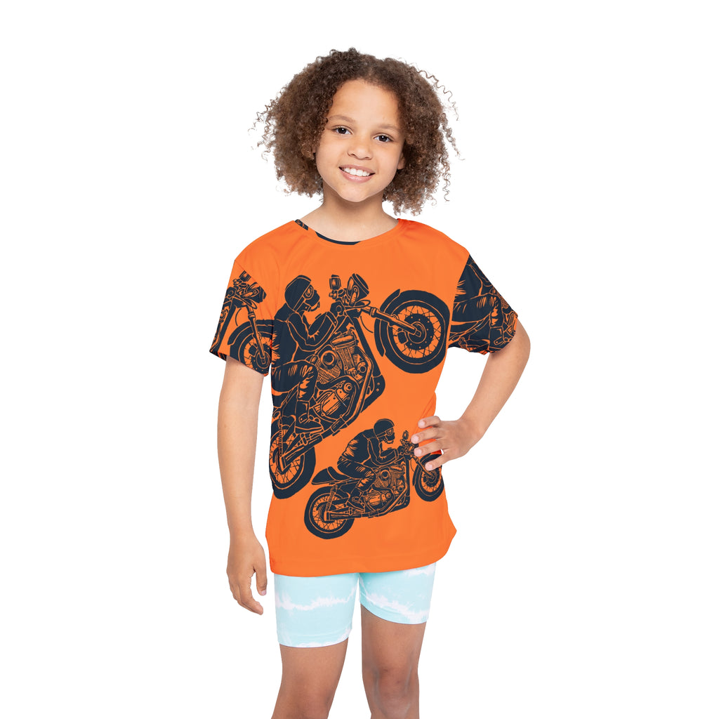 Kids Orange Motorcycle Jersey — Retro Stunt Bike All-Over Print