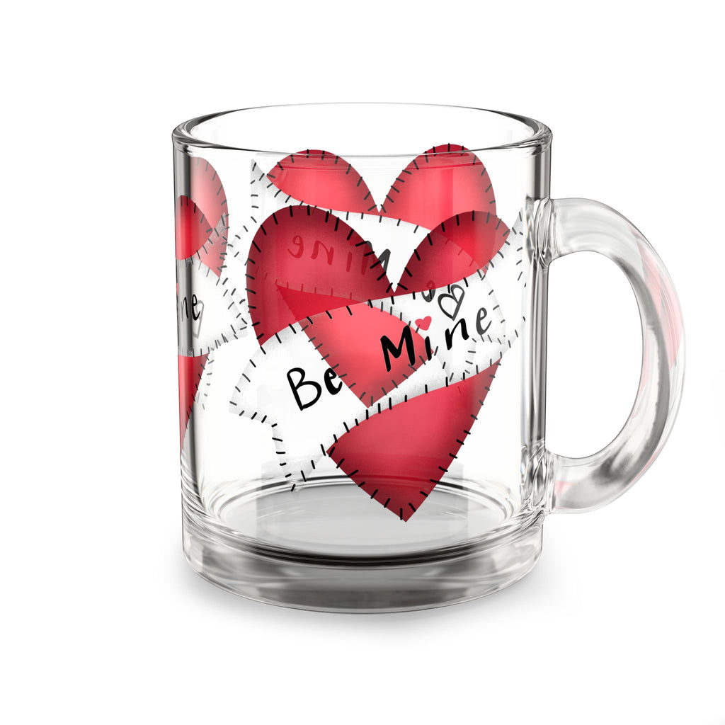 Glass Mug — 'Be Mine' Red Patchwork Hearts Valentine Coffee Mug (10oz)