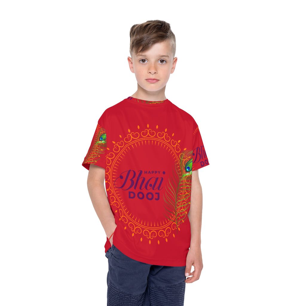 Kids Jersey - Happy Bhai Dooj Red All-Over-Print Tee with Peacock Feather Design