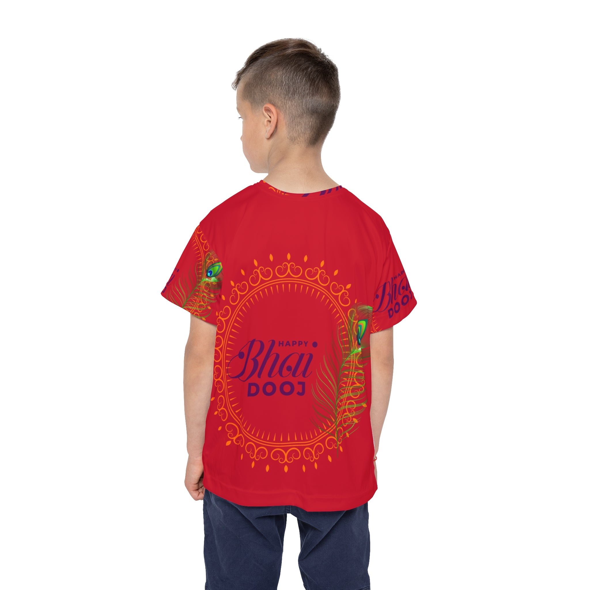 Kids Jersey - Happy Bhai Dooj Red All-Over-Print Tee with Peacock Feather Design