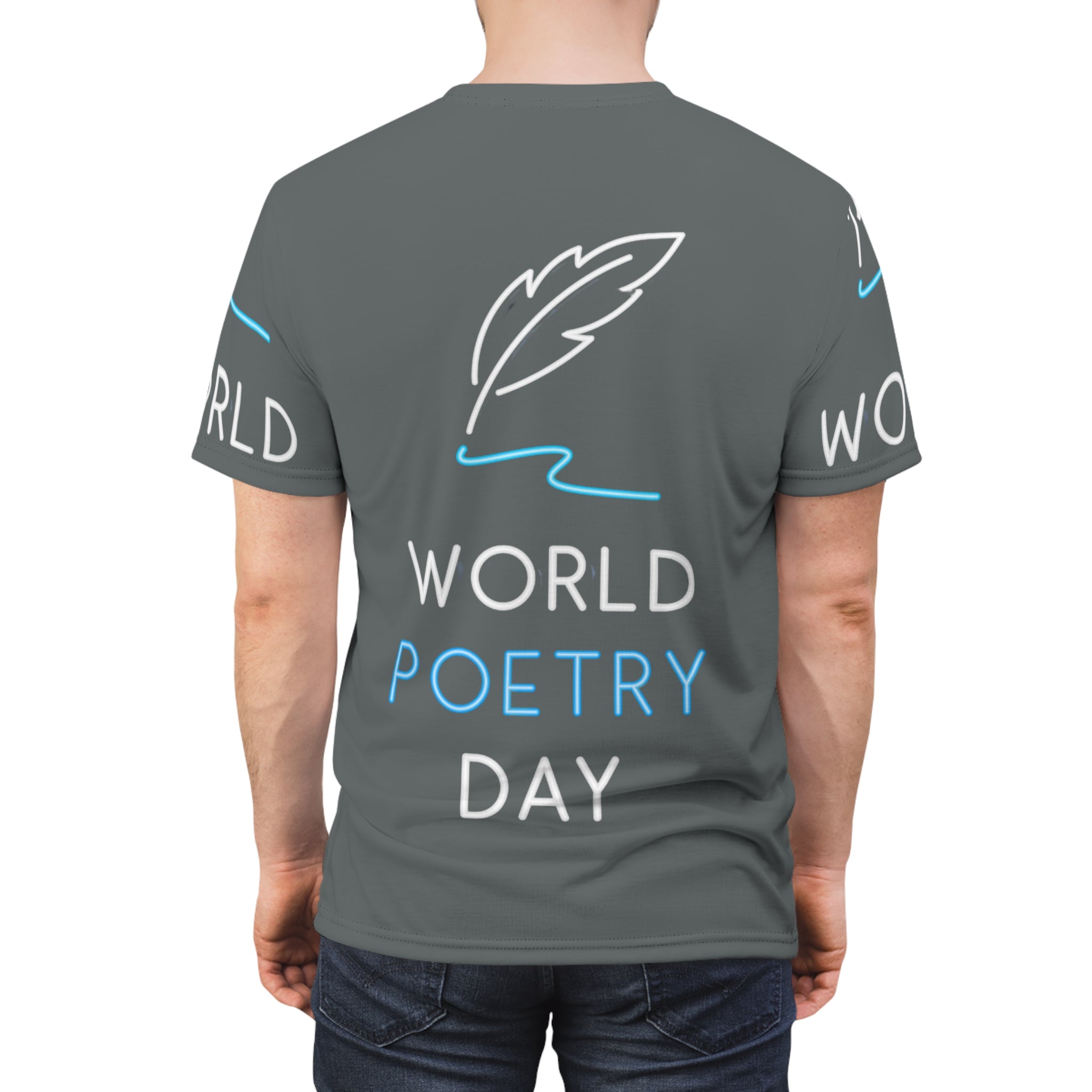 World Poetry Day Tee — Feather Quill Graphic All-Over Print