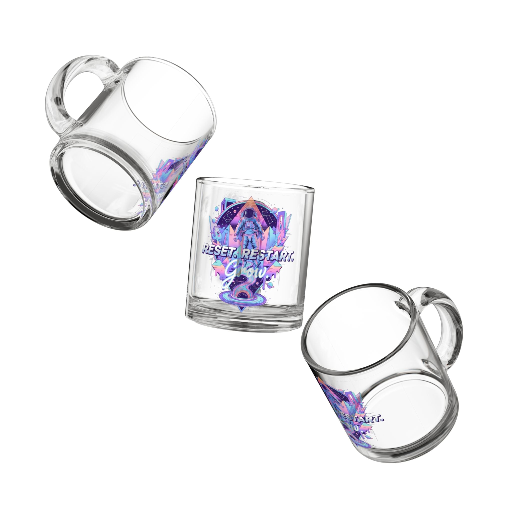 Reset. Restart. Glow. — 10oz Glass Mug with Neon Space Astronaut Design