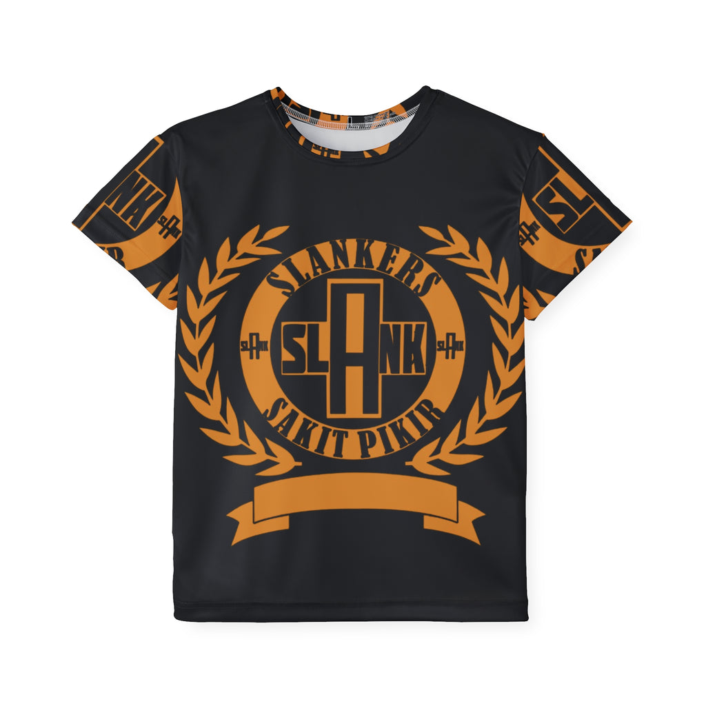Kids Sports Jersey — Black & Orange Athletic Tee with Laurel Emblem (SLAANK Sakit Pikir)