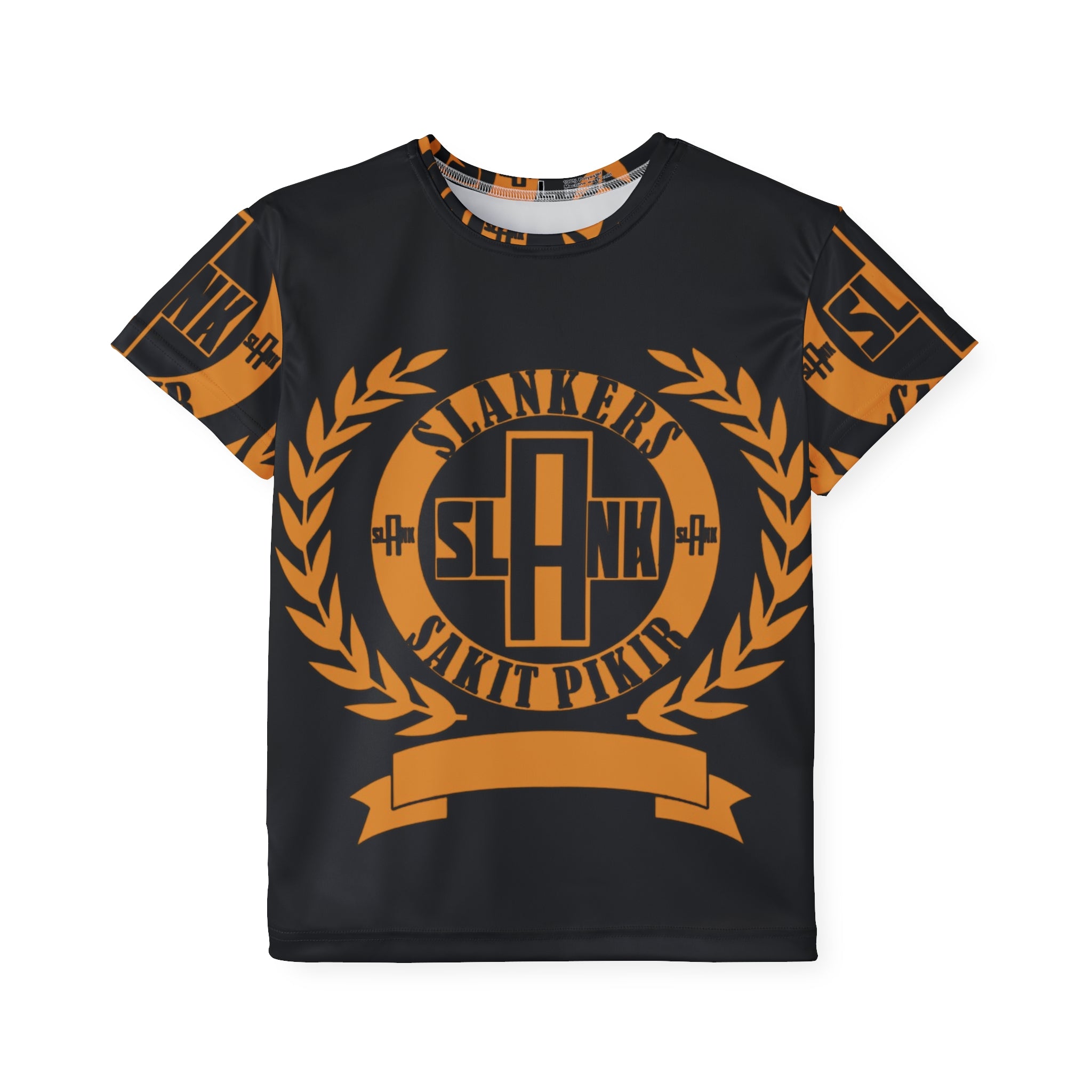 Kids Sports Jersey — Black & Orange Athletic Tee with Laurel Emblem (SLAANK Sakit Pikir)