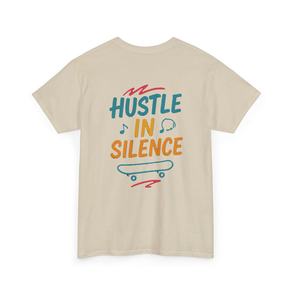 Hustle in Silence Tee - Unisex Heavy Cotton T-Shirt, Skateboarder Gift, Cool Casual Wear, Fitness Shirt, Motivational Apparel