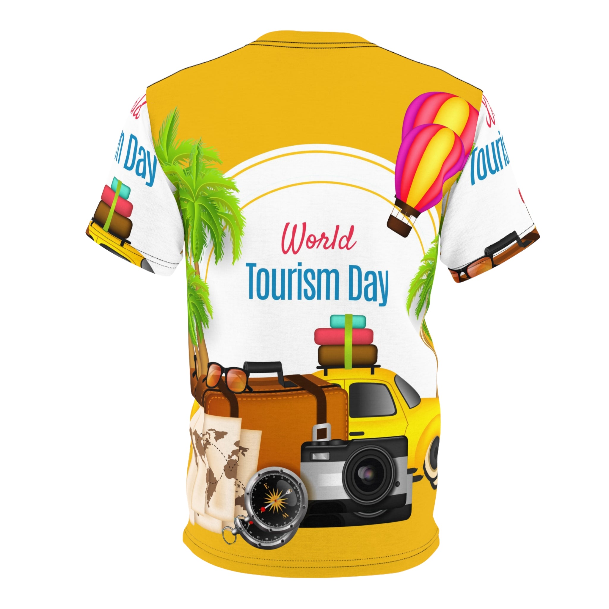 World Tourism Day Travel Tee — Camera, Luggage & Hot Air Balloon Design